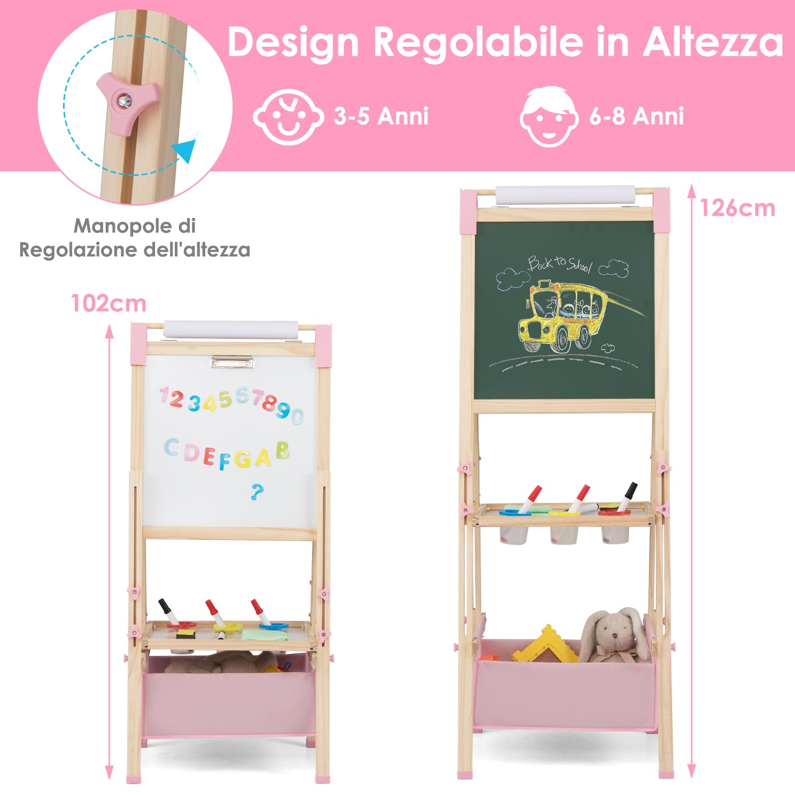 COSTWAY Cavalletto per Bambini Regolabile in Altezza in Legno, Cavalletto a Doppio Lato con Lavagna Magnetica e Bianca, con Scatola, Magneti con Lettere e Numeri, per Bambini 3-8 Anni (Rosa)