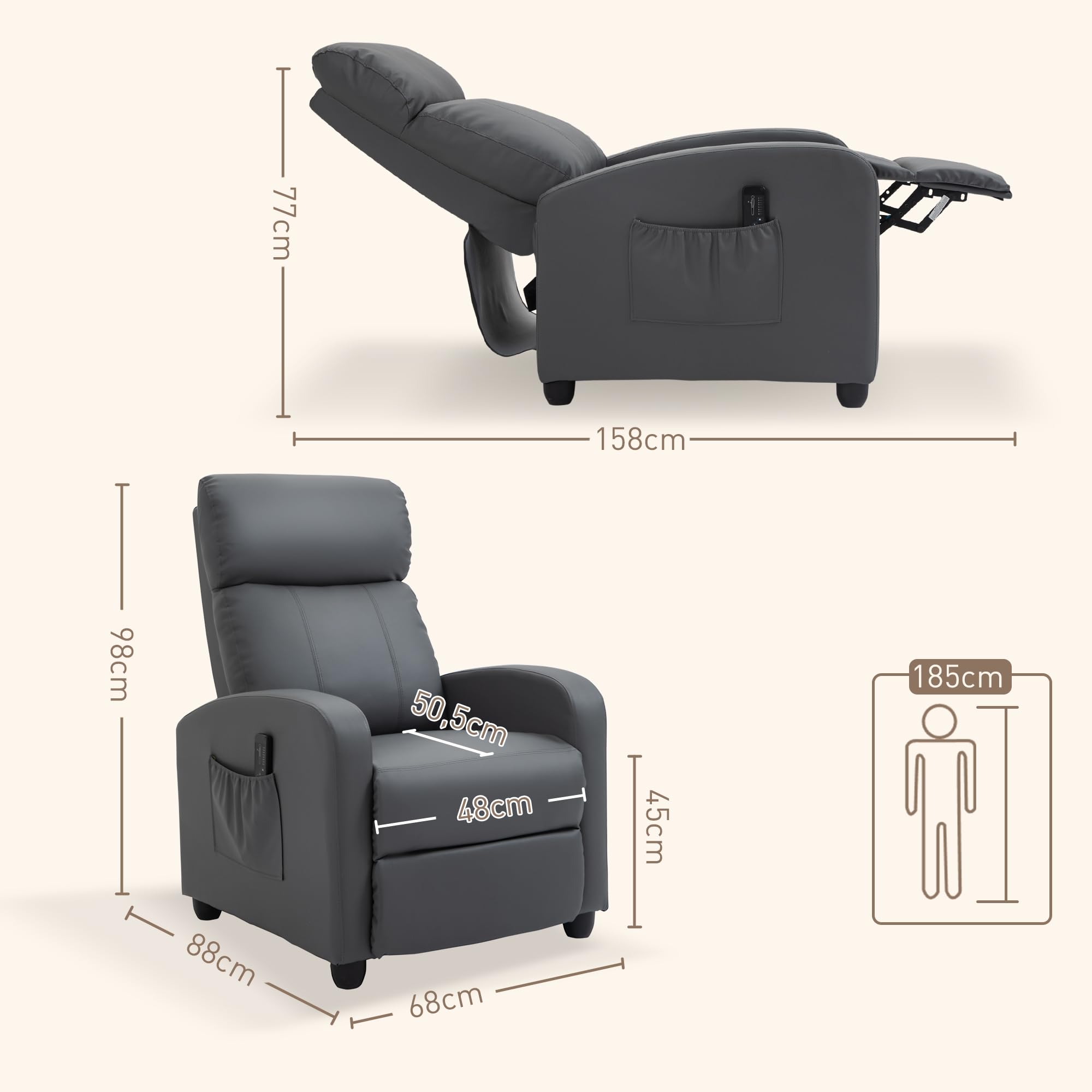 HOMCOM Fauteuil de Relaxation et Massage avec Inclinaison Manuelle Dossier Repose-Pied réglable revêtement synthétique Gris