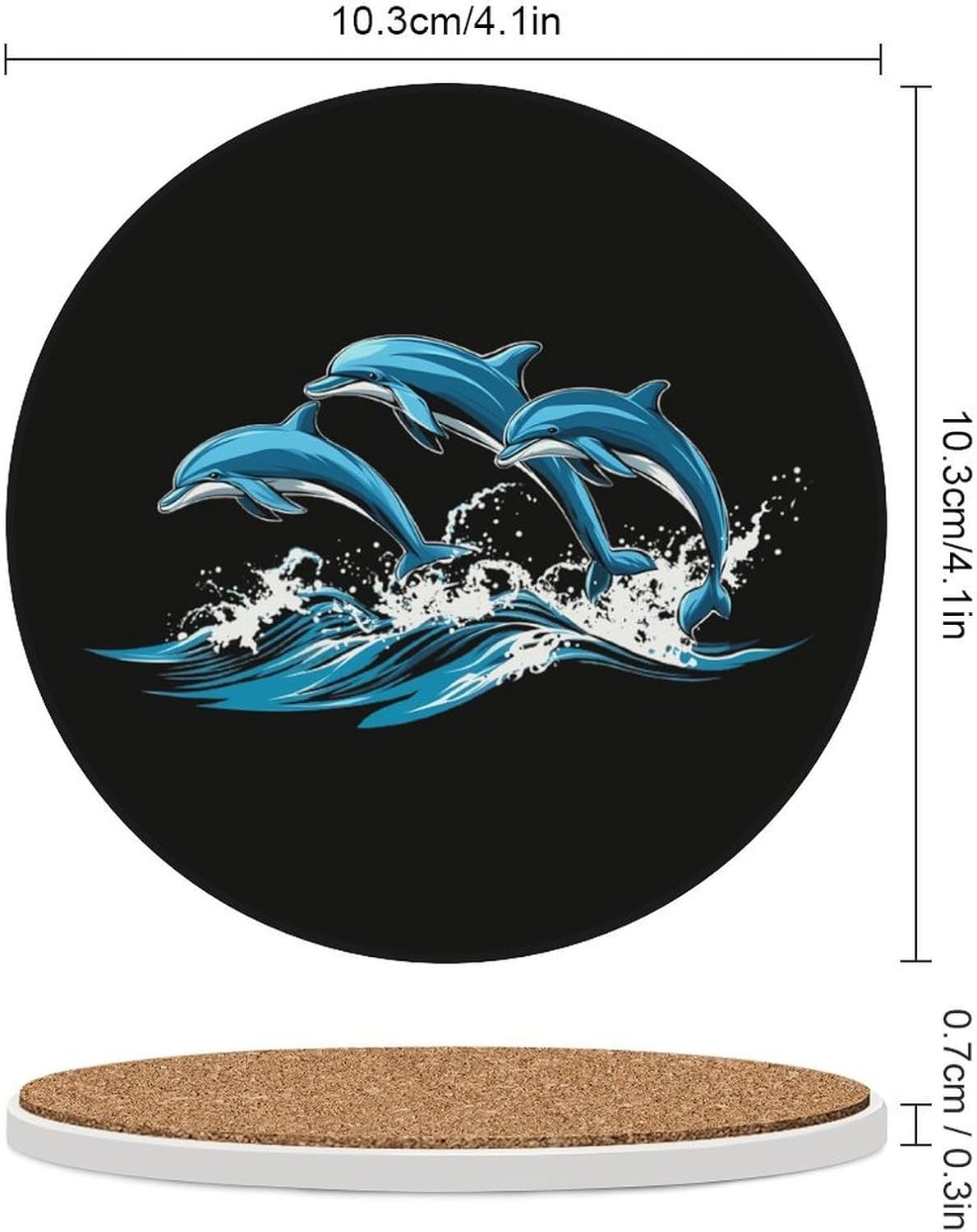 Dolphins Jumping Round Ceramic Coasters Print Drinks Absorbent with Cork Base for Home Decor Gifts 4 Inch