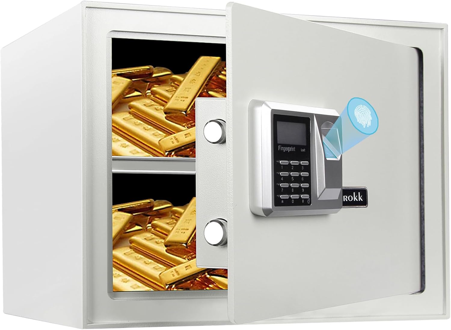 Grokk 1.2 Cu.Ft Biometric Fingerprint Home Safe, Small Safe Box w/Digital Keypad & Removable Shelf, Secure Storage Lockbox for Cash Use, Jewelry, Hotel, Business, Office, White