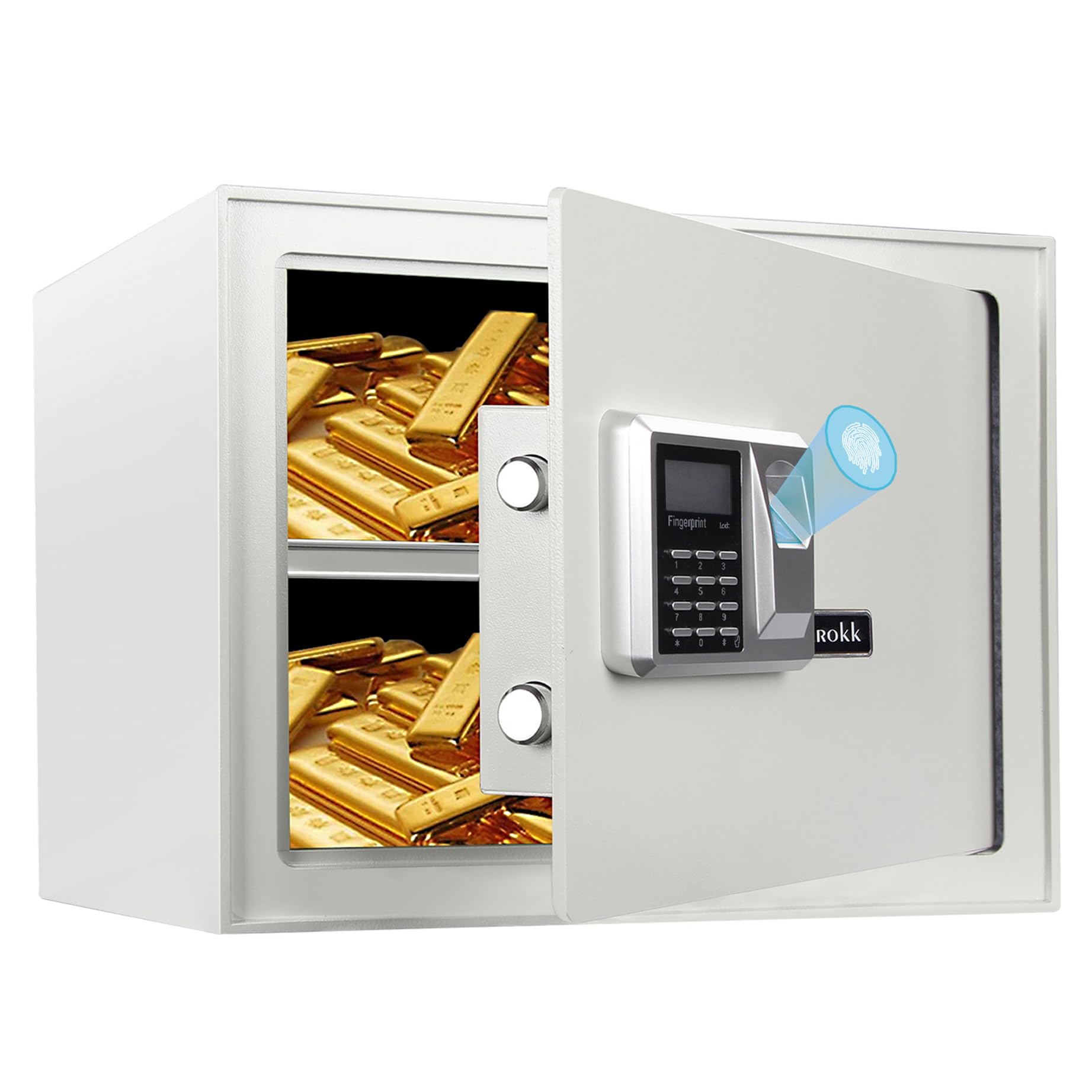 Grokk 1.2 Cu.Ft Biometric Fingerprint Home Safe, Small Safe Box w/Digital Keypad & Removable Shelf, Secure Storage Lockbox for Cash Use, Jewelry, Hotel, Business, Office, White