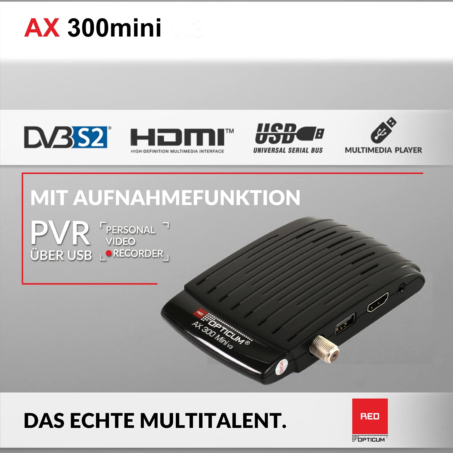 RED OPTICUM Odbiornik satelitarny AX 300 mini V3 Cyfrowy odbiornik satelitarny PVR I HD - zewnętrzny czujnik podczerwieni z wyświetlaczem LED - HDMI - USB I Zasilanie 12V