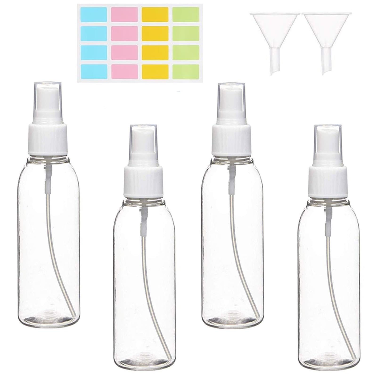 Cjkoonsa 100ml Small Spray Bottle set 6 Pcs Small Refillable Liquid Containers with 2 Funnels and 1 colors Labels for Toiletries and Cosmetics