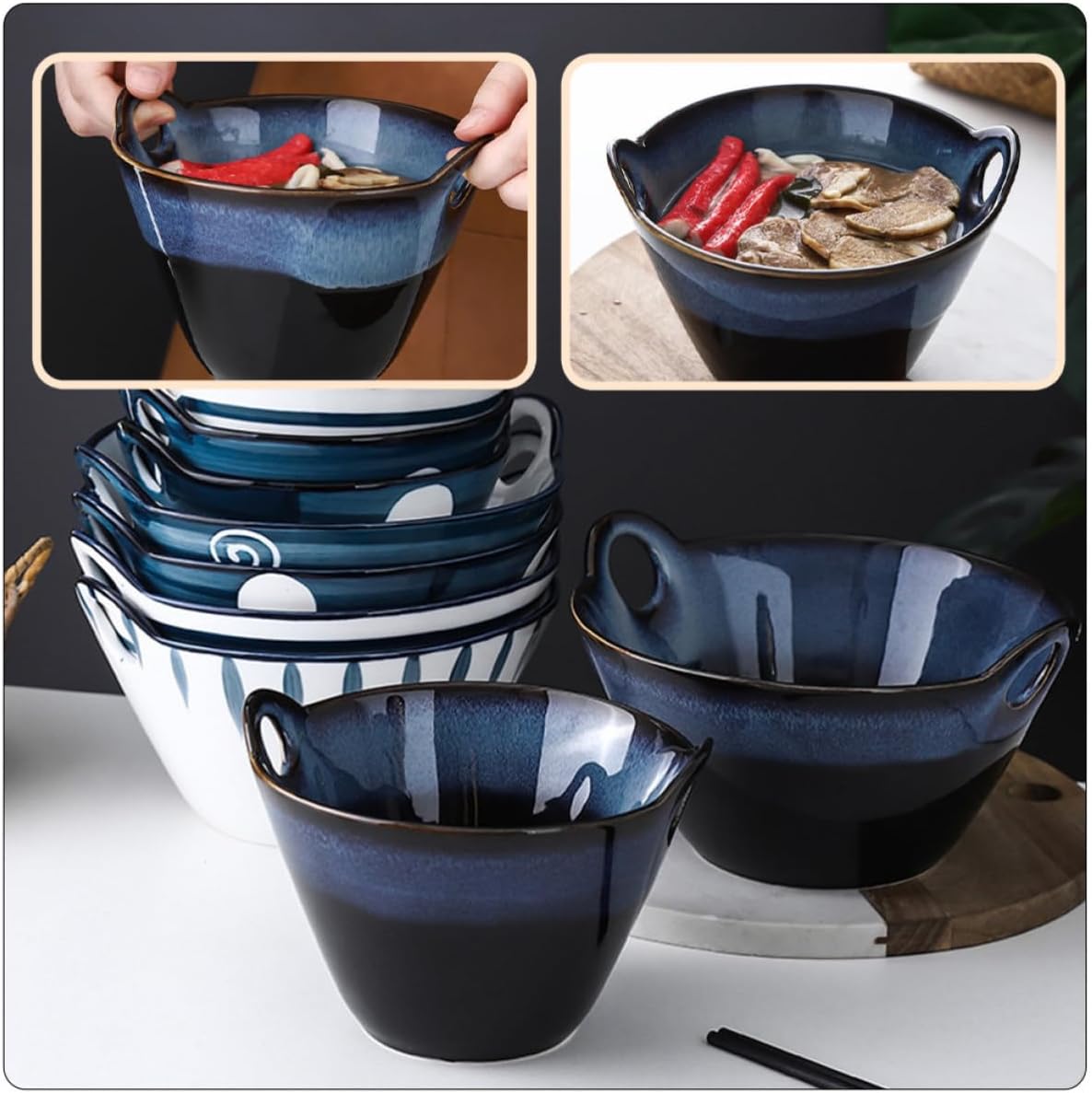 GALPADA Japanese Style Ceramic Soup Bowl with Double Ears for Ramen