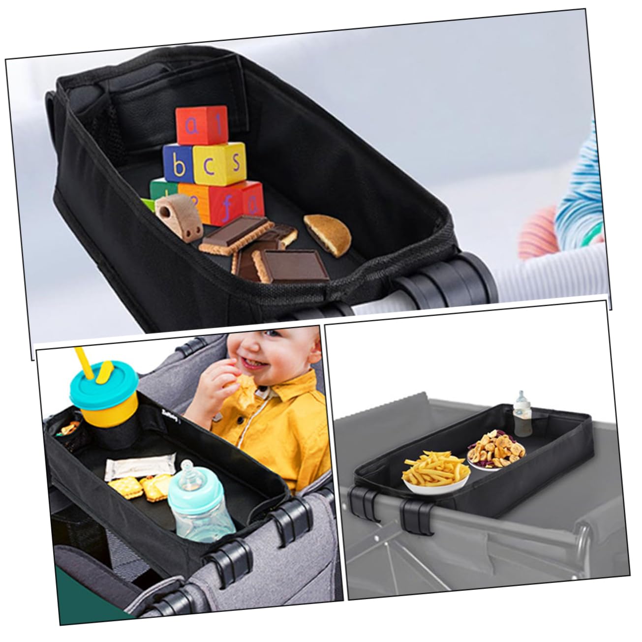 SUPVOX Plateau à Goûter pour Poussette, Porte-gobelet et Porte-téléphone, Toile Robuste, Fixation à Clip, pour Voyage, Noir | Format L, Usage Voyage, Design Luxueux, Compatible Poussette et Voiturette, Accessoire Pratique pour Parents