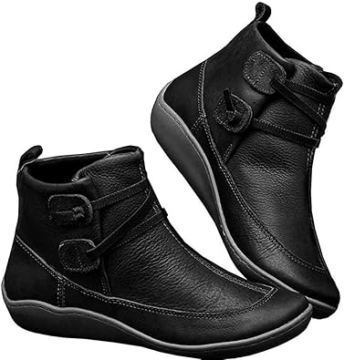 WZIKAI Bota feminina de couro com cadarço e salto baixo sem salto plano  confortável, impermeável, caminhada, com zíper, Preto, 8 Wide |  Amazon.com.br