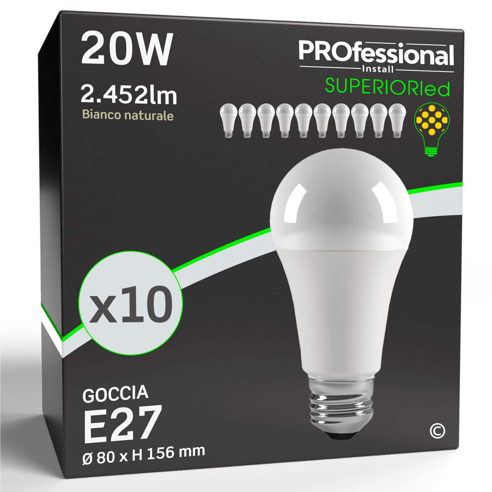 Eurocali 10x Lampadina LED E27 20W Opaca (2452 lumen pari a 150W) - Forma: Goccia - Bianco Naturale 4000K - Fascio Luminoso 310°