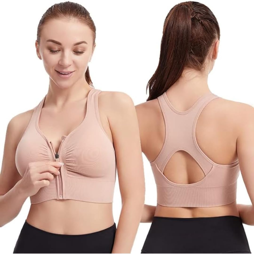 GLAMORASNylon Elastane Women Padded Wirefree Front Zip Closure Sports Bra Medium Impact Yoga Bras Racerback Workout Gym Bra, Size- S-3XL