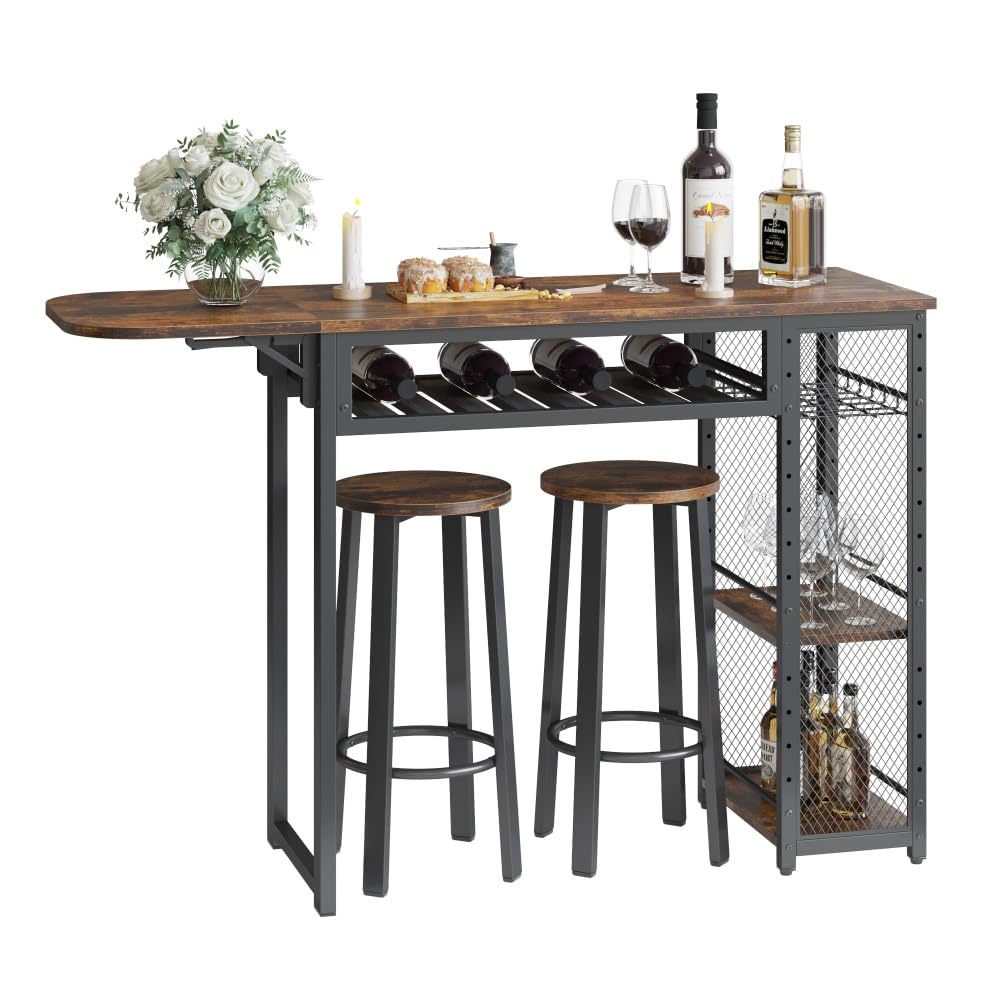 Bestier Ensemble Table de Bar Industriel avec 2 Tabourets, Étagère Basse et Porte-Verres à Vin, Table Haute en Métal et Bois pour Cuisine, Salon ou Salle à Manger (Marron)