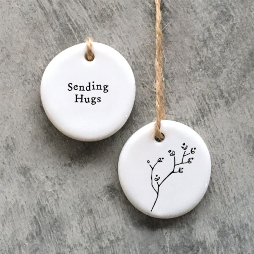 East Of India Mini Porcelain Hanging Tag Sending Hugs Tag, Porcelain Keepsake, Thinking Of You Keepsake Gift, Small Porcelain Gift, Friendship Gift