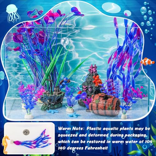 Image of Zeyune 15 Pcs Fish Tank Decorations Mountain Ornament Broken Barrel Sunken Ship Artificial Seaweed Water Plants Colorful Coral Reef for Fish Bowl Aquarium Decor(Purple)