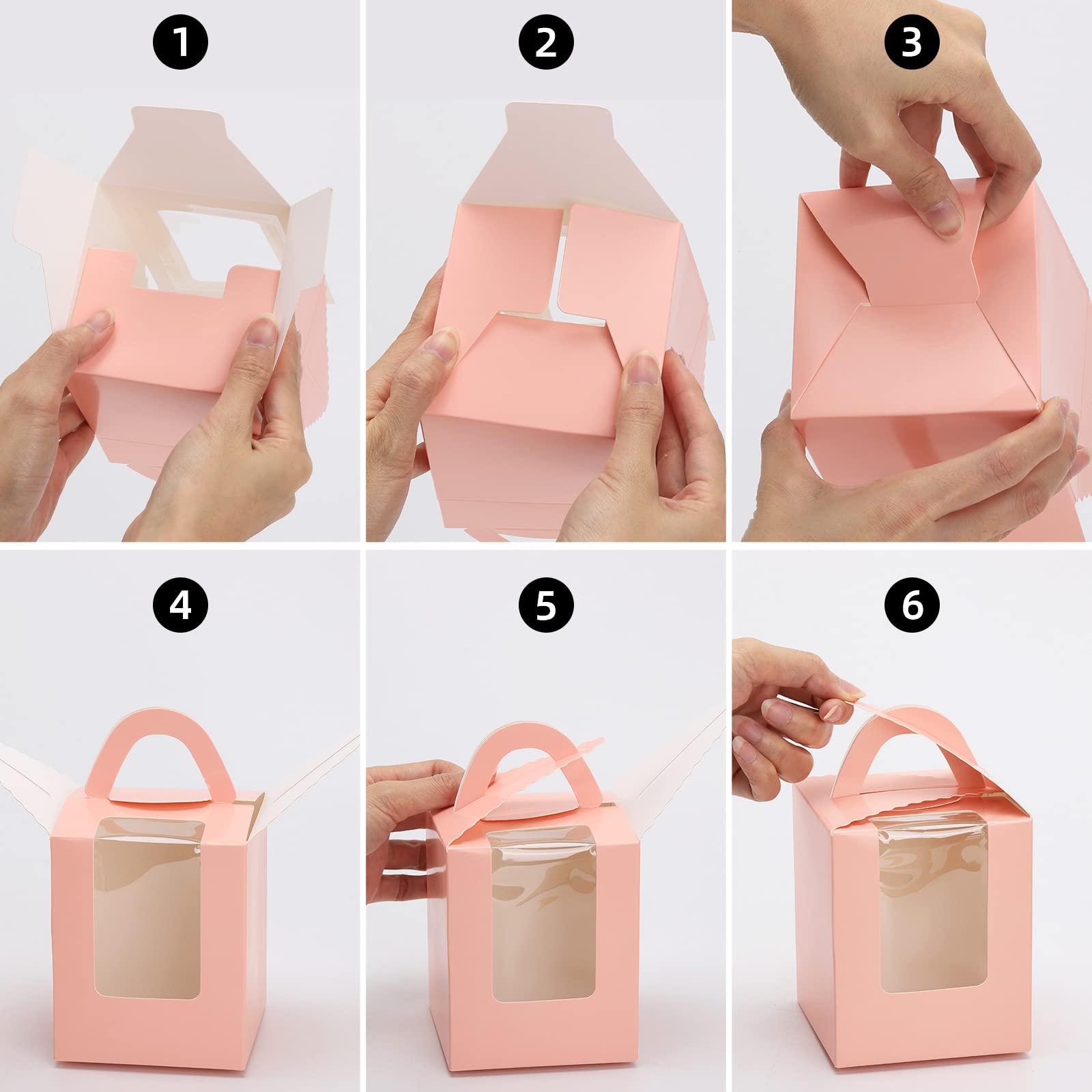 100 cajas de magdalenas rosadas individuales con asa de ventana e insertos para panadería envoltura fiesta regalo embalaje