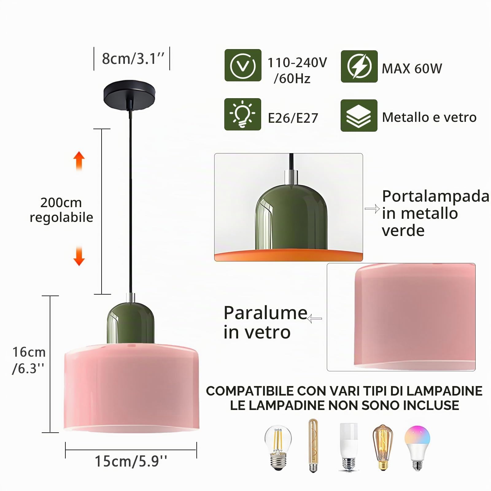 15CM Lampadario in Vetro Stile Scandinavo, Lampada a Sospensione E27, Altezza Regolabile, Metallo & Vetro, Illuminazione Moderna per Cucina, Soggiorno, Sala da Pranzo, Bar (Rosa)