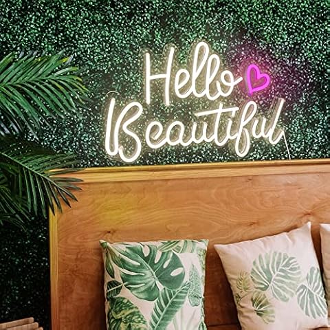 Hello Beautiful Neon Sign for Wall, Bedroom Decor, Aesthetic Neon Light for Studio, Salon, Bar, Warm White Neon Lights with Dimmer Switch, Gifts for Women, Mothers Day Gifts, 43 X 27cm Cover