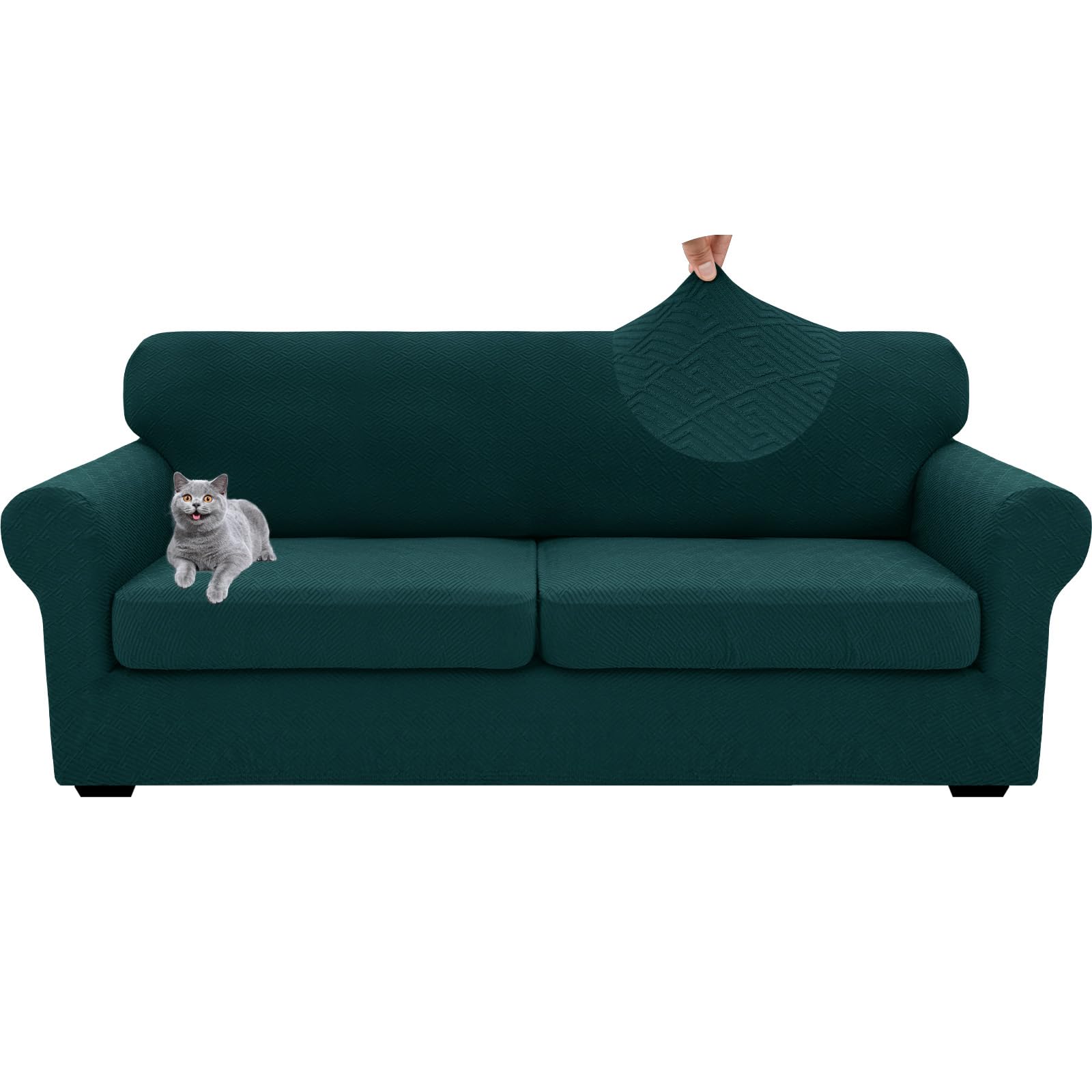 GEBIN 4 Pieces Stretch Sofa Cover 3 Seater, Soft Couch Covers with 3 Separate Seat Cushions Cover, Jacquard Spandex Sofa Slipcover for Living Room Furniture Protector (Dark Green,XL Sofa(2 Cushions))