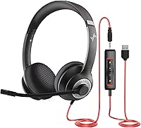 JIAMQISHI USB Headset with Noise-Cancelling Mic for PC Laptop - On-Ear Headphones w/ Inline Controls for Zoom Skype (USB+3.5mm, Black)