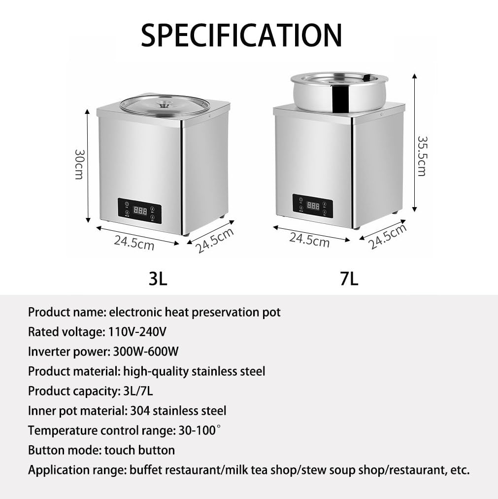 Templadora de Chocolate Comercial de 600 W, Olla de Acero Inoxidable para Sopa de encimera, para Perlas de conservación del Calor, Papilla, Bolas de Taro y Sopa,7L