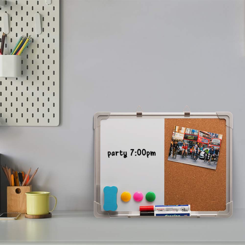 DOEWORKS Lavagna Bianca Combinata Bifacciale 40 x 30cm, Lavagna Magnetica Cancellabile a Secco & Bacheca in Sughero, Bacheca Sospesa a Parete per Casa Ufficio Scuola