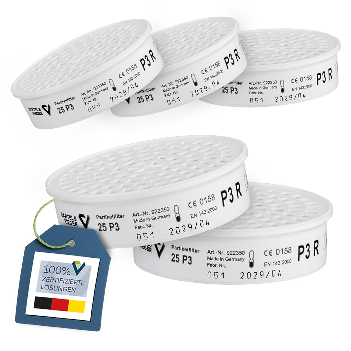 BartelsRieger Partikelfilter 25 P3 R (5 Stk.), Steckfilter Atemschutzmasken | Partikelfilter zum Schutz giftigen Stäuben und Aerosolen, geeignet für Ex-Bereiche. Passend für Viertel-, Halb- & Vollmasken
