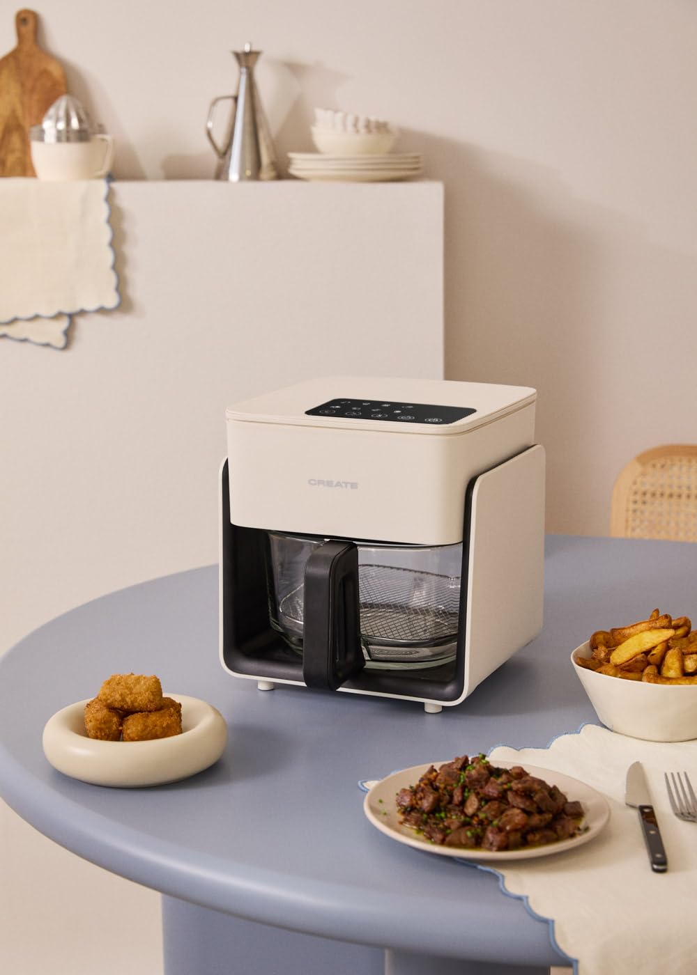 CREATE/AIR FRYER STUDIO CRYSTAL/Friteuse sans huile 4,2 L sans vaporisateur d’eau blanc cassé/Capacité 5-6 portions, 6 programmes, plateau en verre, contrôle du temps et de la température, 1300W