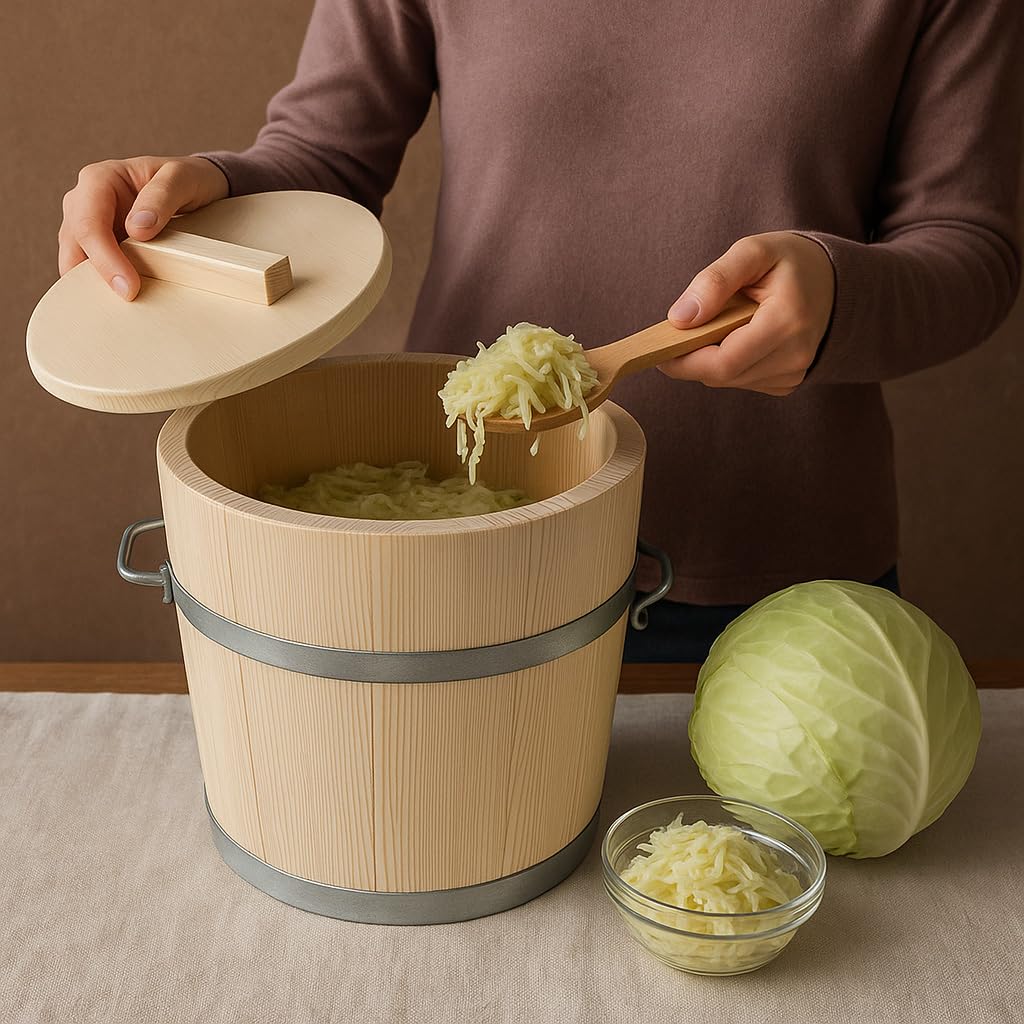 Gäreimer mit Deckel – naturbelassenes Gärfass mit Metallumreifung und Haltegriffen – Sauerkrautfass aus Holz für Fermentation von Gemüse, Kimchi, Gurken – Holz Gärtopf aus Weißtanne (15 Liter)