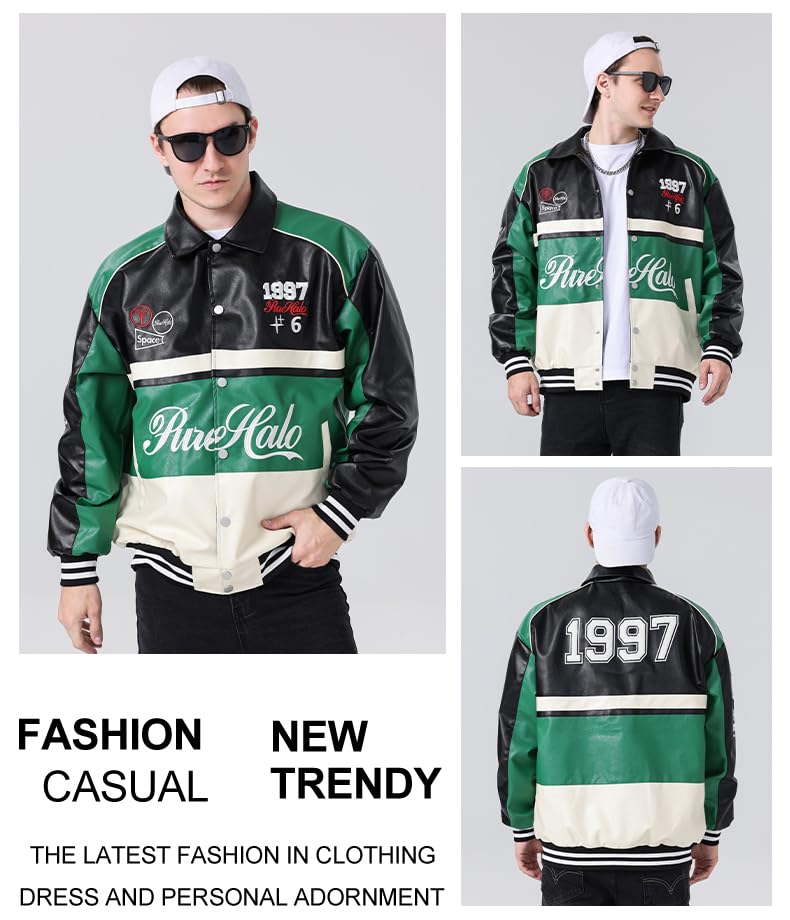 Image of Unisex Racing Jacket for Women Leather Jacket Women Oversized Trendy Streetwear Green XL