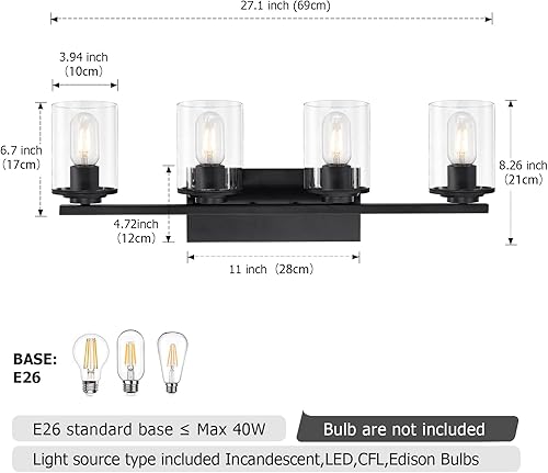 Miniatura 2 de SADENICEL Lámparas de baño de 4 luces, luces de tocador para baño, apliques de pared negros con pantallas de cristal transparente