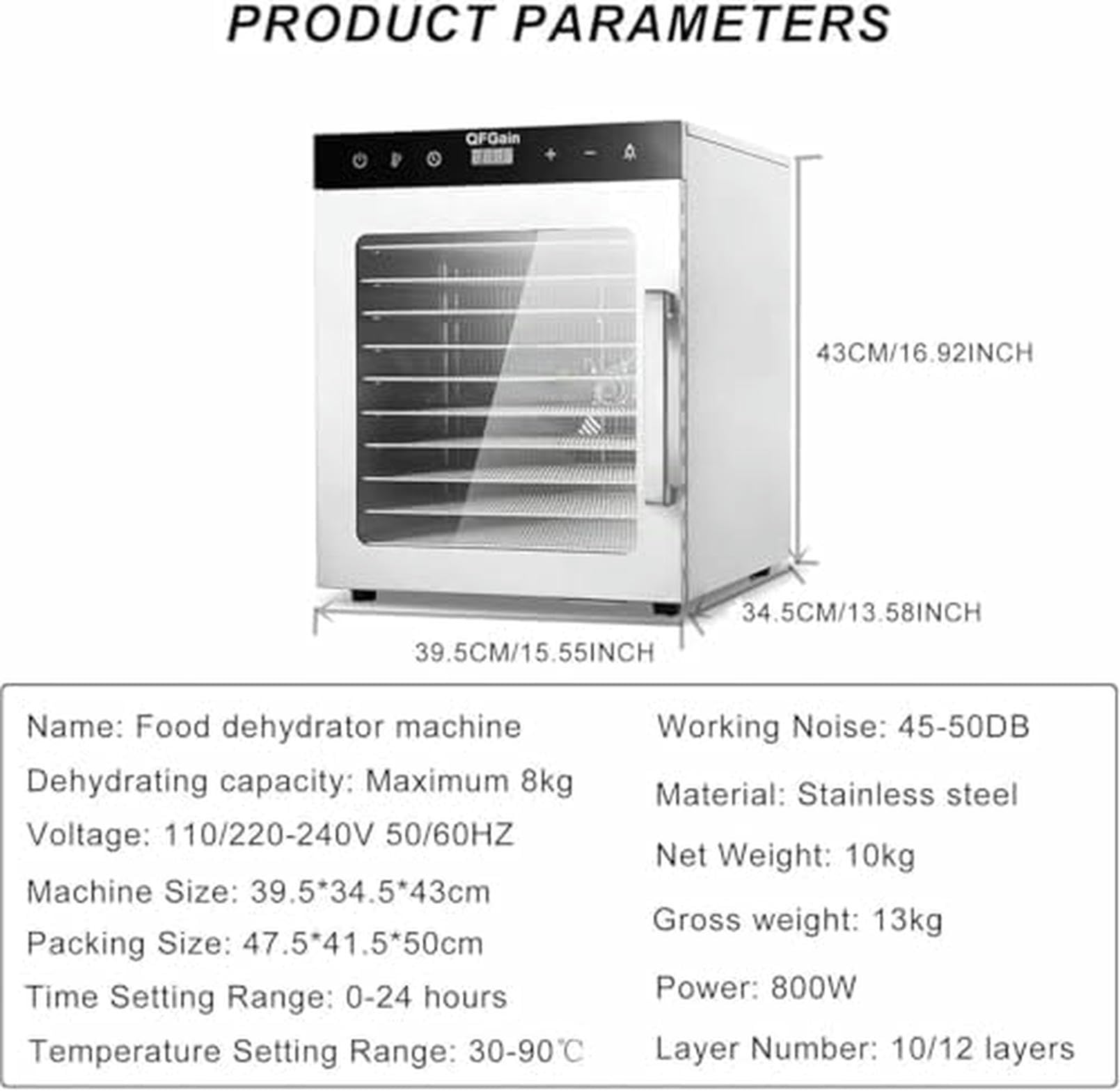 Essiccatore Di Congelamento Commerciale, Asciugatrice Disidratata Elettrica Da 1000 W, 10 Strati Deidratatore Alimentare Con Tempistica 0-24 H, Intervallo Di Temperatura 86 ℉ ~ 194 ℉ Per Verdure