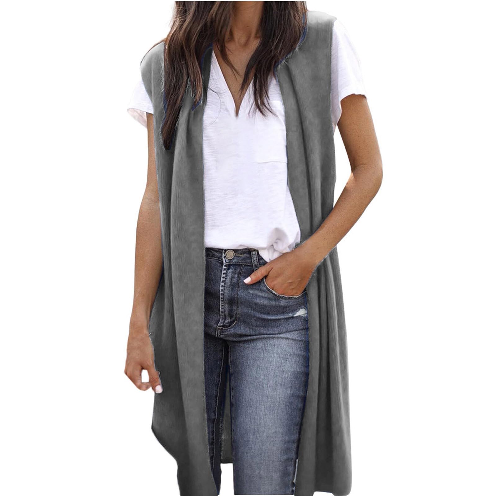 Langer Weste Damen Ärmellos Lang Cardigan Elegant Vorne Offen Strickjacke Einfarbig Drapiert Mantel Leichte Herbstjacke Locker Longweste Dünne Jacke Basic Damenweste Oberbekleidung