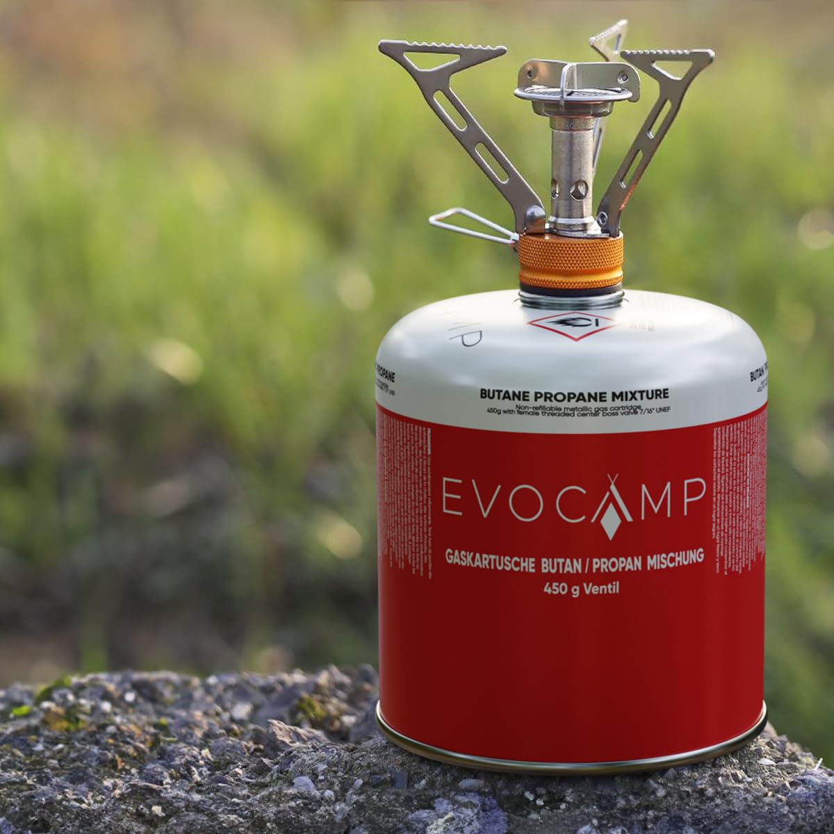 EVOCAMP 4x Propan Butan Gaskartuschen 450g einsetzbar für Weber Grills Q100/1000-Serien, Schraubkartusche Eurogewinde 7/16", Ventilkartusche 809ml mit Sicherheits-Verschlussautomatik
