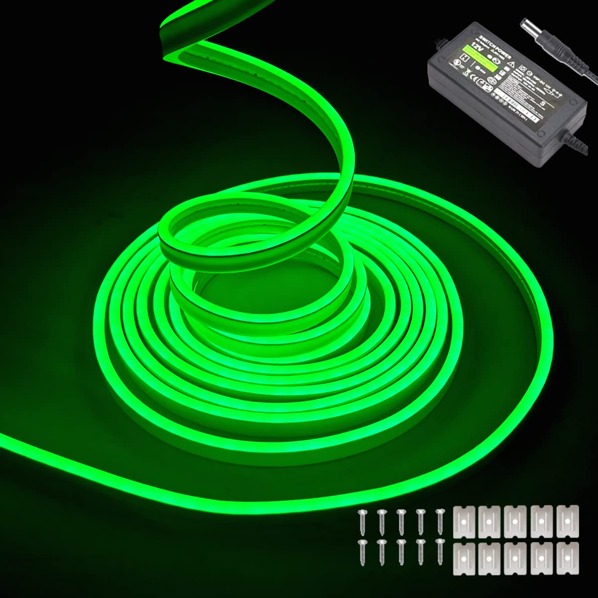 16.4ft/5m Green neon Light,12v Waterproof Flexible Neon LED Strip Light for Bedroom Room Outdoors Decor[with power adapter] (Green)