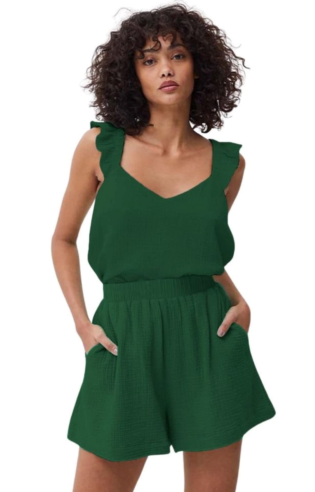 Laura in Conjunto de Verano, Ropa de algodón 100% para Mujer, Camisa Blusa con Tirantes de Volante y Pantalones Cortos con Bolsillos