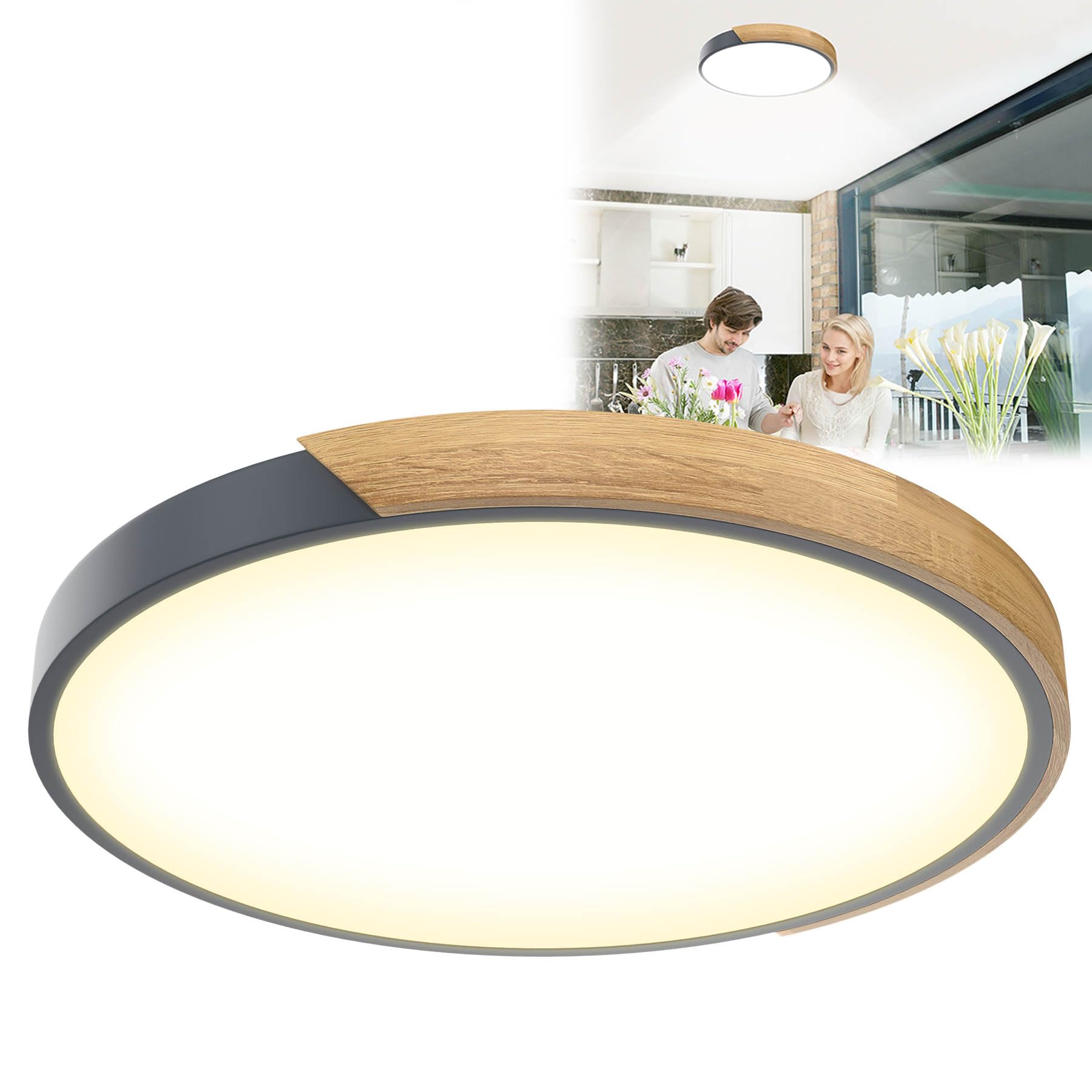 Froadp LED Deckenlampe Holz Deckenleuchte, Modern Lampe Decke Flach, Holzlampe Rund für Wohnzimmer, Schlafzimmer, Badezimmer, Küche, Flur, Kinderzimmer, Büro (96W Dimmbar, Grau)