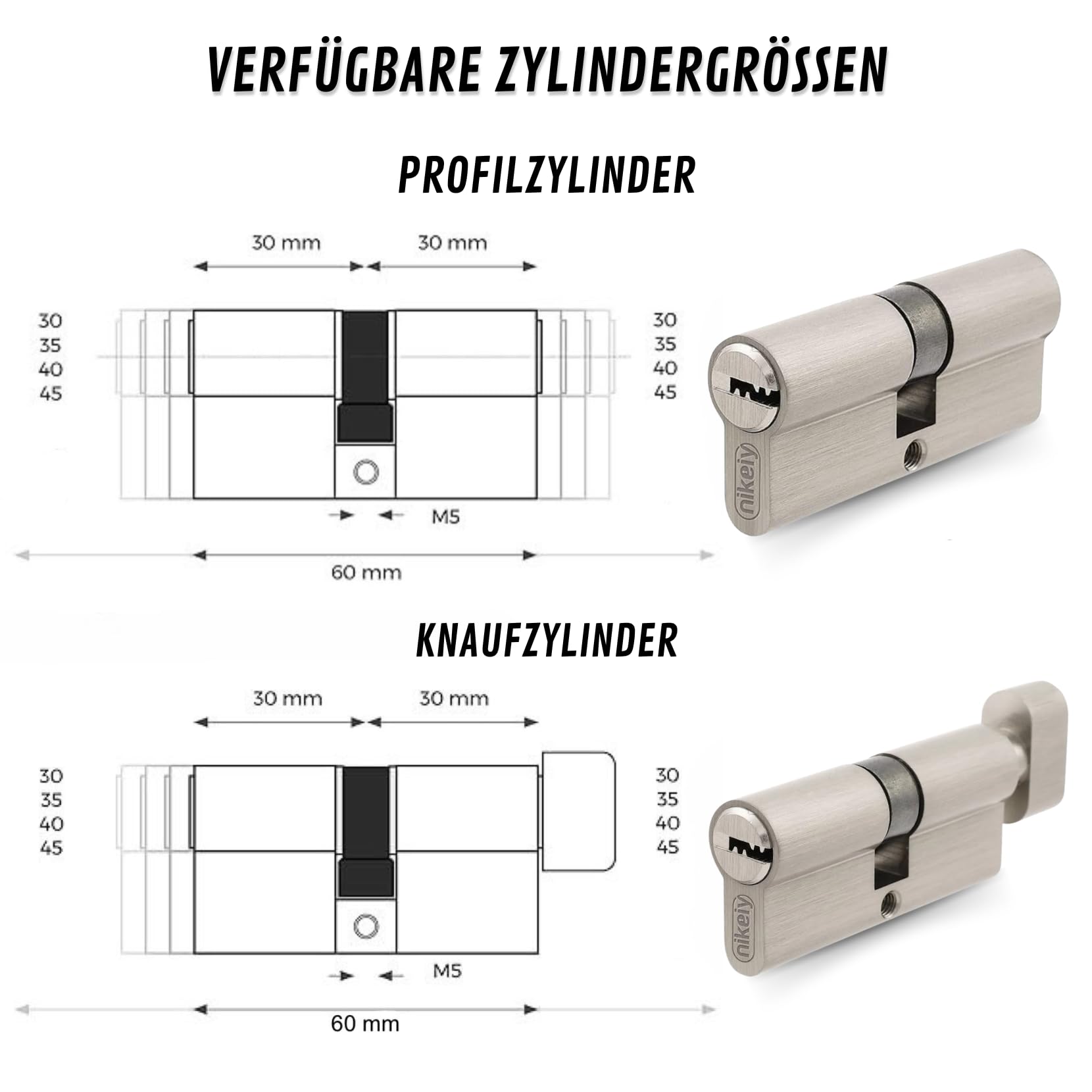 3er-Set: Gleichschließende Messing-Doppelzylinder 30/30 mm (60 mm), ein Schlüssel für alle Zylinder, inkl. Schlüssel und Schrauben, für Haus- und Garagentüren