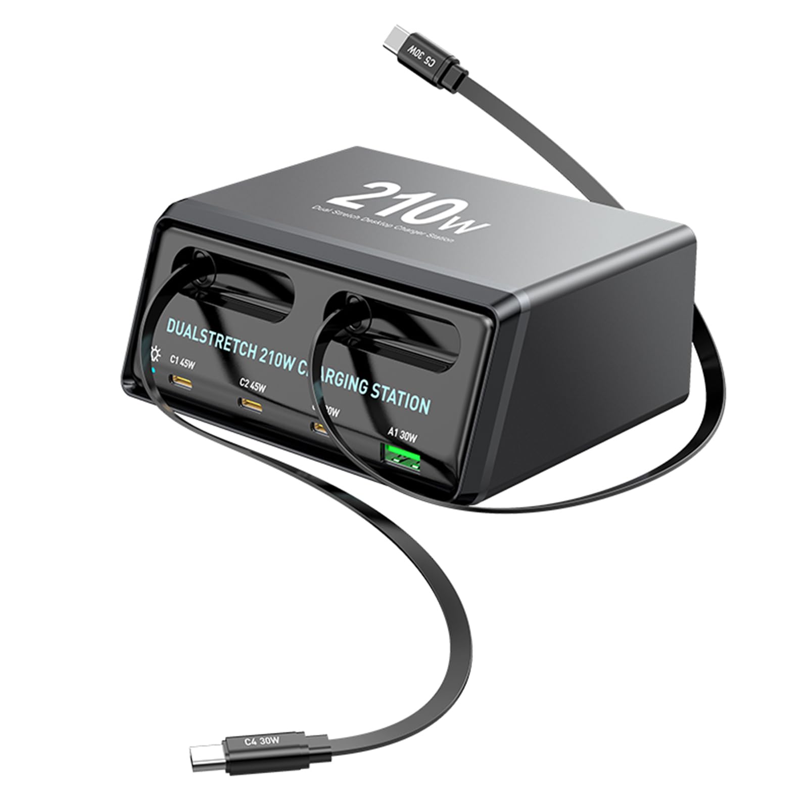 Blok ładowarki USB C 210 W, 6-portowy, Zwijany Kabel (Wtyczka UE)