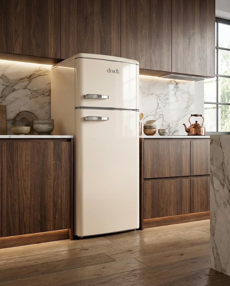 DMDK DKC2 Independiente Refrigerador/Congelador, 206 L Contenido neto, 4 estantes ajustables, bandeja grande para verduras, crema, clase energética E