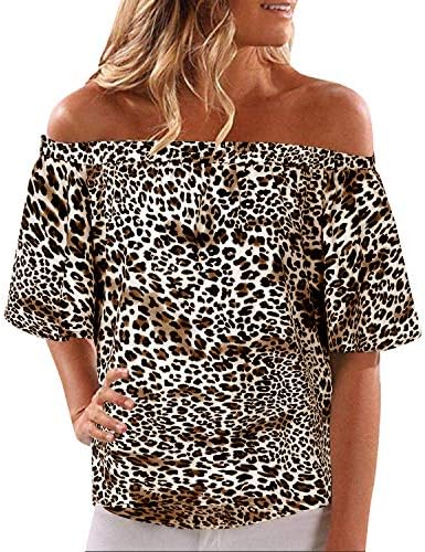 CNFIO Womens Off Shoulder Tops 3/4 Sleeve Shirt Floral Print Elegant Summer Tee Shirts Blouse
