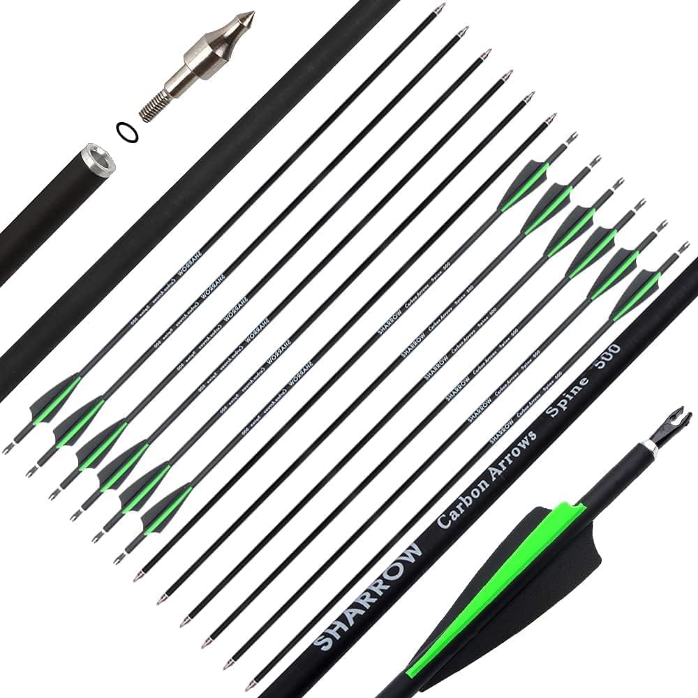 AMEYXGS 30 Inch Carbon Arrow Practice Hunting Arrow with Removable Tips and Pin Nock for Compound Bow and Recurve Bow Targeting Hunting Shooting(Pack of 12)(Green)