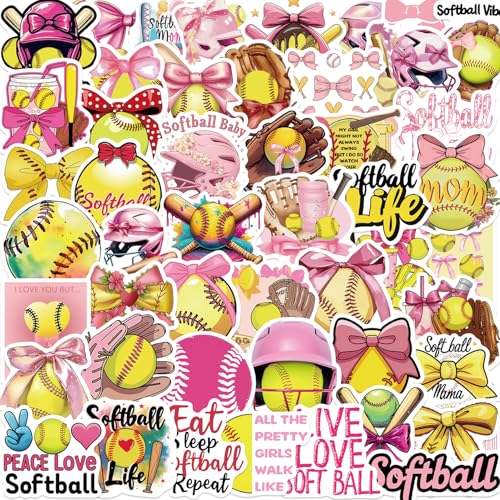 50PCS Pink Coquettte Bows Softball Stickers Cute Motivational Vinyl Waterproof Stickers for Water Bottles Helmets Luggage Teaching Incentives Softball Gifts for Girls Kids Teens and Adults