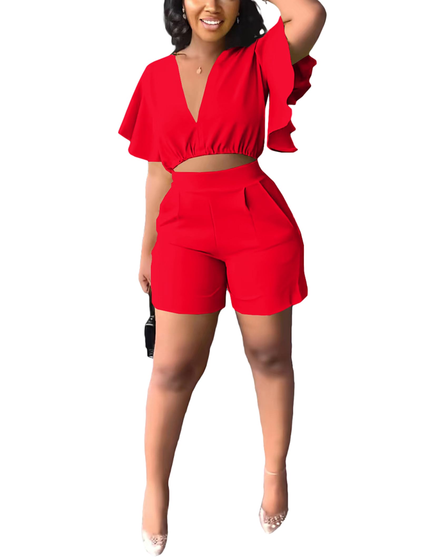 AIIYYQB Womens Summer Two Piece Shorts Outfit Sexy Crop Top Butterfly Sleeve 2 pc Short Set Vacation Brunch Matching Set