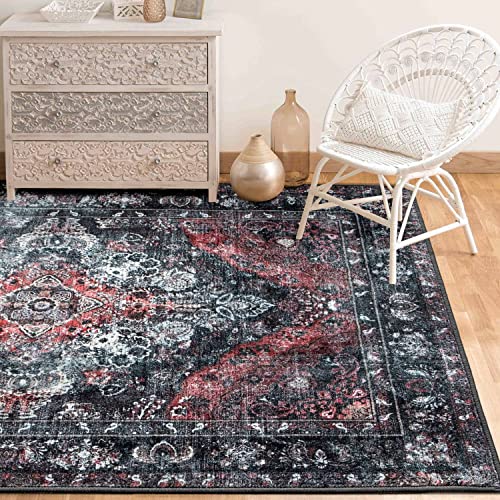 5’X7’ Rugs For Living Room Black Vintage Boho Washable Area Rug Non-Slip Persian Large Rug For Bedroom Dining Room Office Dorm Laundry Room Carpet Oriental Medallion Rustic Aesthetic Retro Black/Red #TOP7