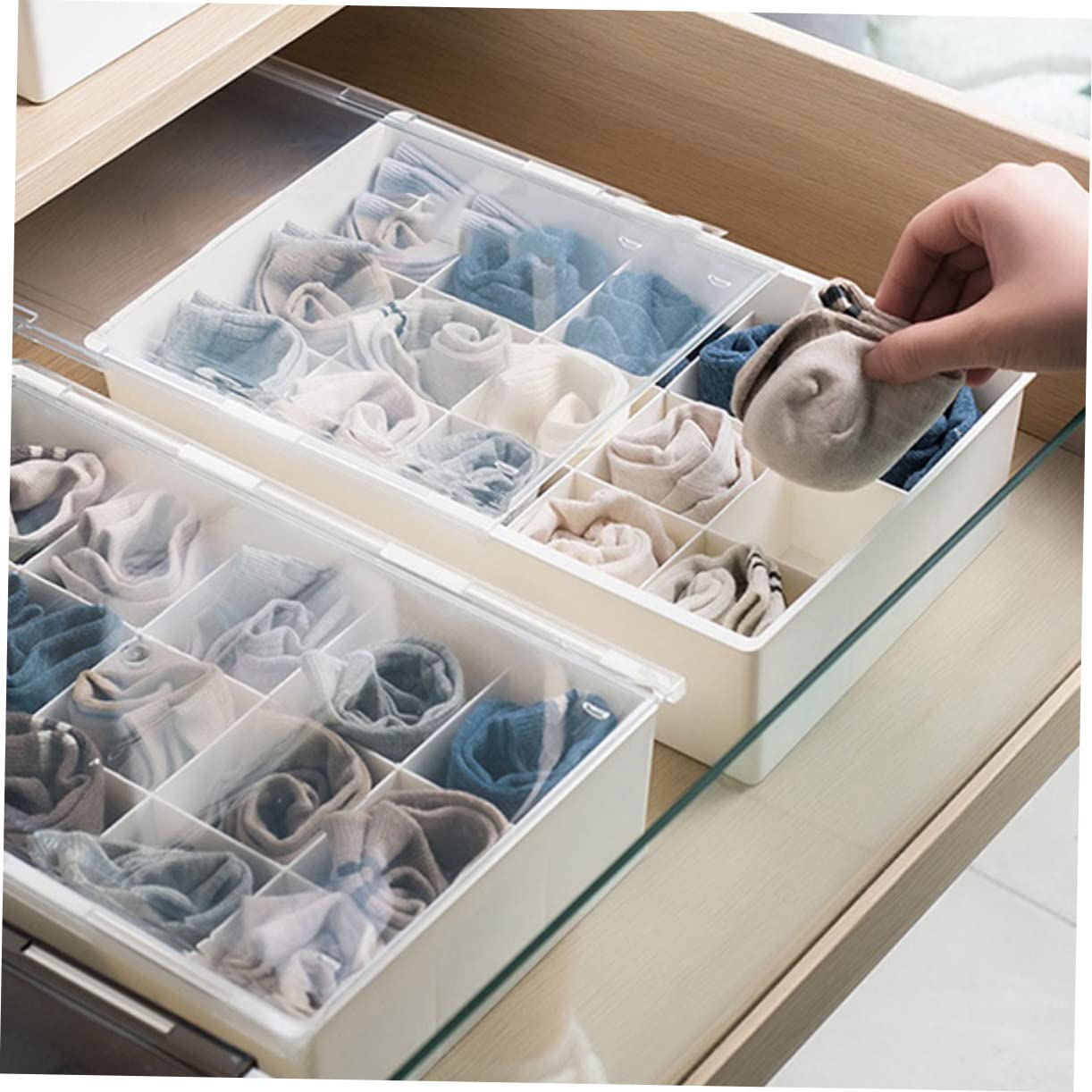 Hemobllo Scatola Organizer in PP con Coperchio Biancheria Intima per Contenitore da 15 Scomparti Multi Griglie per Calze e Indumenti per Casa