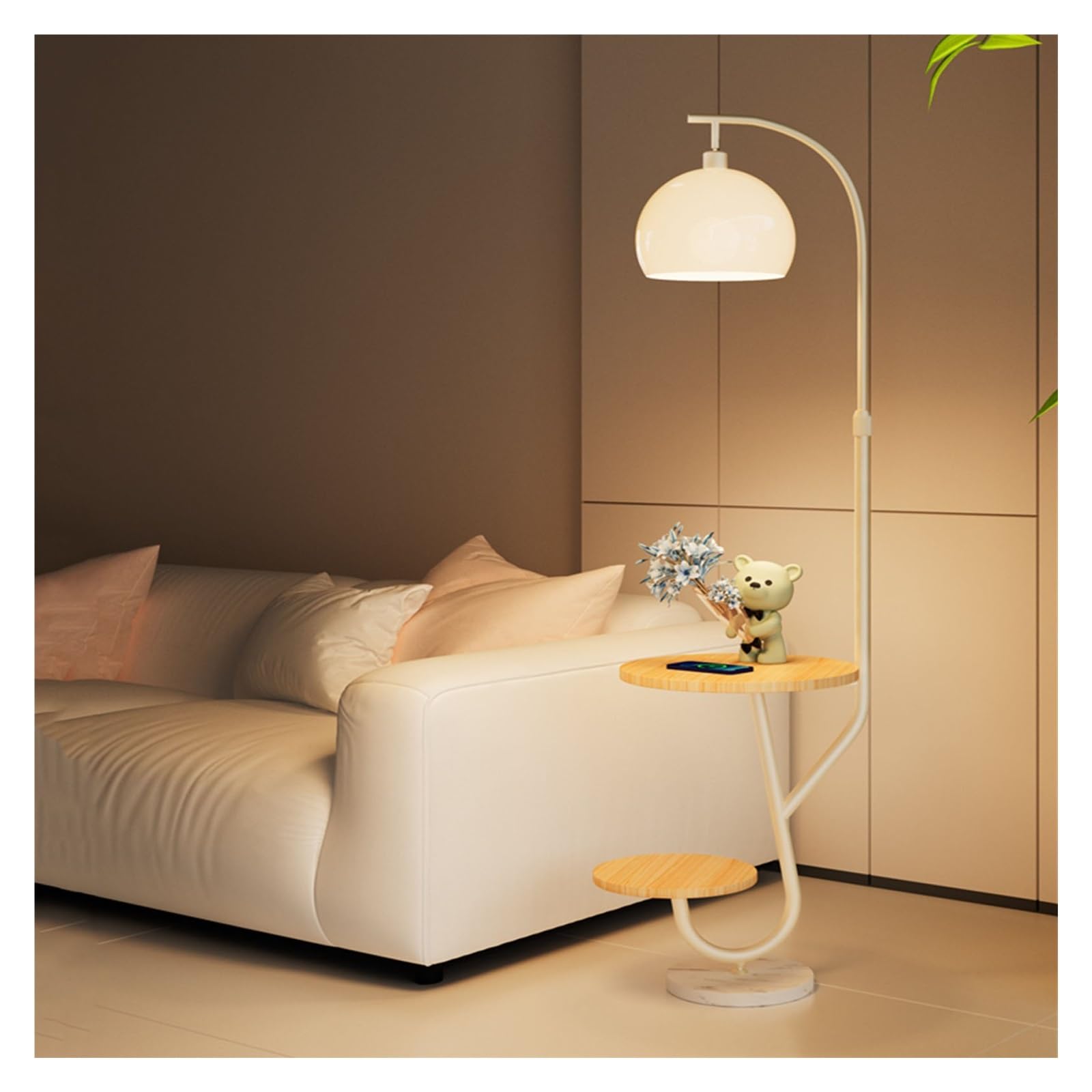 Z4T8M2K6G5 Tall Standing Lamp Table & Floor Lamp Combo with Charging Port & Wireless Station Modern Living Room Shelf(White)