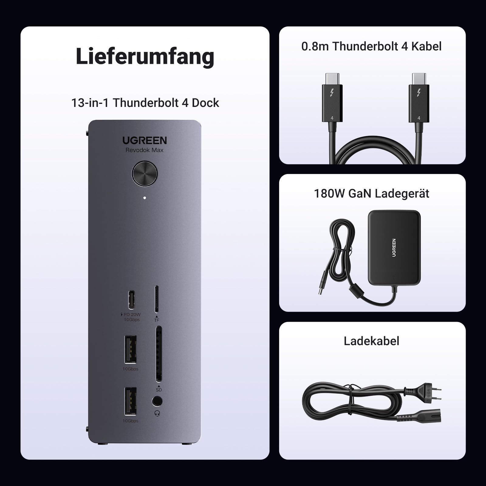 UGREEN Revodok Max 213 Thunderbolt 4 Dock 40Gbps (Dual 4K@60Hz, Single 8K Display), 13-in-1 Docking Station 90W Aufladen für Laptop, 2.5Gbps Ethernet, microSD&SD 4.0, 3.5mm Aux