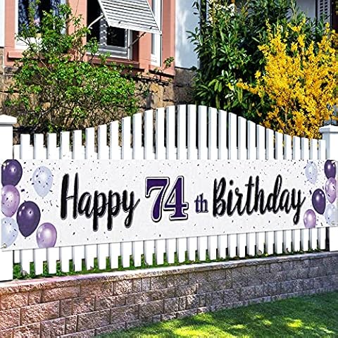 LASKYER Happy 74th Birthday Decorations,74th Purple Balloon Large Birthday Hanging Banner Sign,74 Years Old Bday Party Supplies. Cover