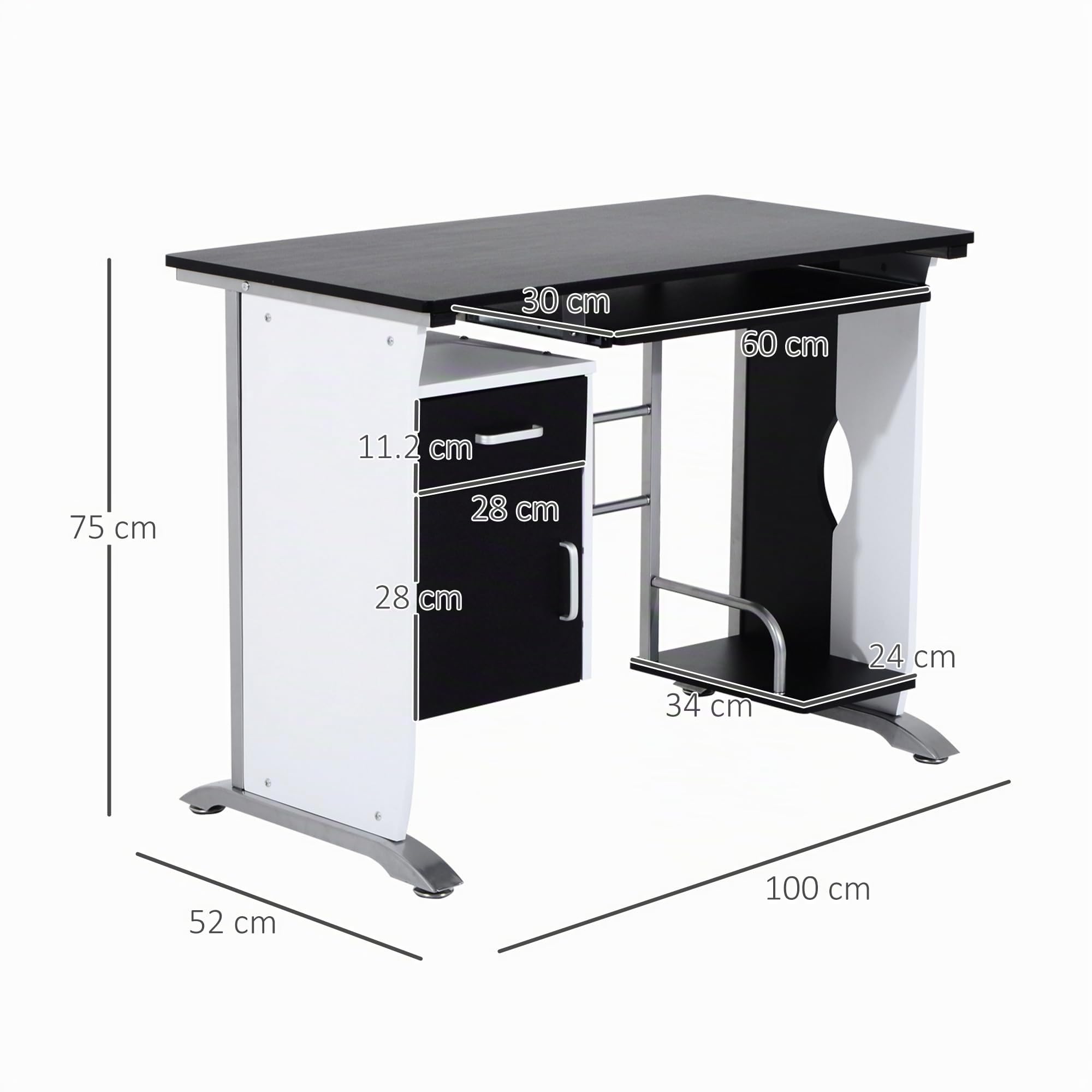 Vinsetto Scrivania per Computer MDF e Metallo 100x52x75 cm Bianco e Nero | Scrivania PC, Ripiano per Tastiera, Armadietto, Cassetto