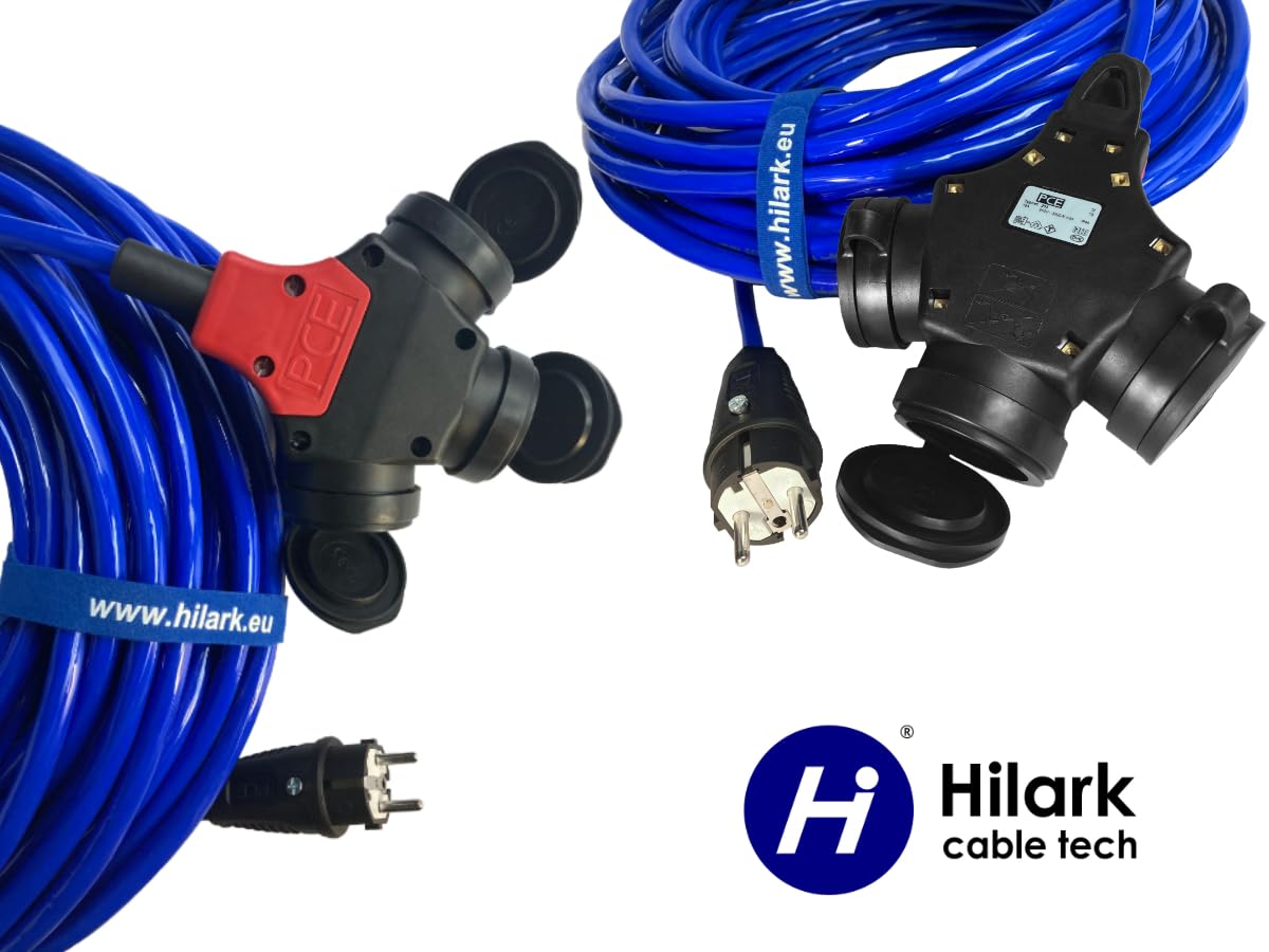Hilark Cable Tech alargador H07BQ-F 3g2,5 mm (3x2,5 mm), 3 Tomas Shuko con Tapa, Color Naranja (25 Metro, Azul)