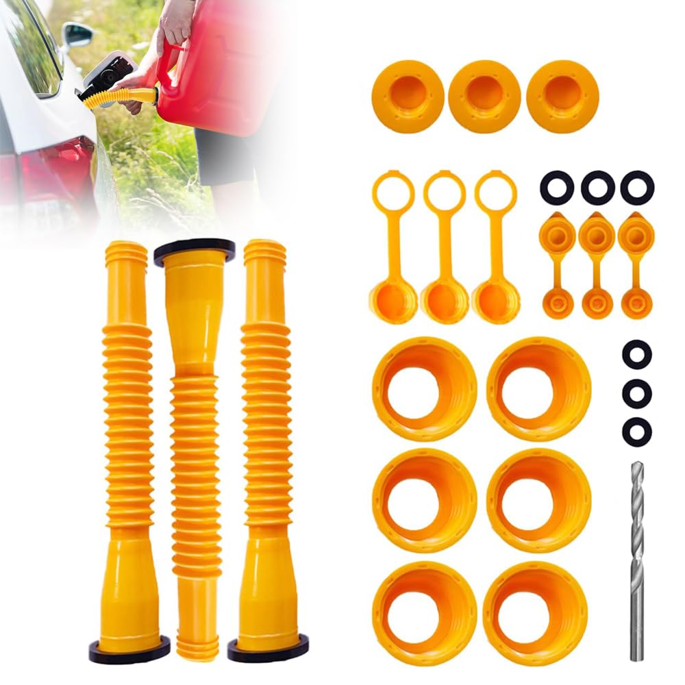 Gas Can Spout Replacement Kit, Upgrade Replacement Fuel Can Spout with Flexible Nozzle, Fit for Most 1/2/5/10 Gal Can, Universal Anti-Spill Gas Can Nozzle Replacement (3 Set, with Drill Bit)