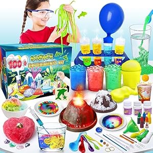 UNGLINGA Kit Científico con 100+ Experimentos para Niños Años, Kit de Ciencias Juego de química, Arena Mágica, Excavación de Piedras Preciosas, Volcán, Gusanos Brillantes, Reacción Efervescente