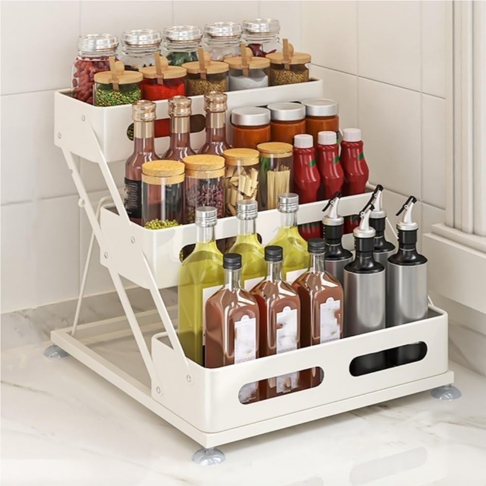Goxyffmnv Condiment Storage Rack, Spice Rack with Adjustable Height, Metal Seasoning Rack, 3-layer Skin Care Product Rack, Countertop Rack for Kitchen, Bathroom, Living Room(White)